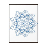 A stunning and intricate Mandala Handmade Art piece in Steel Blue, displayed on gallery canvas wraps in a vertical frame, perfect for adding a touch of elegance to any space