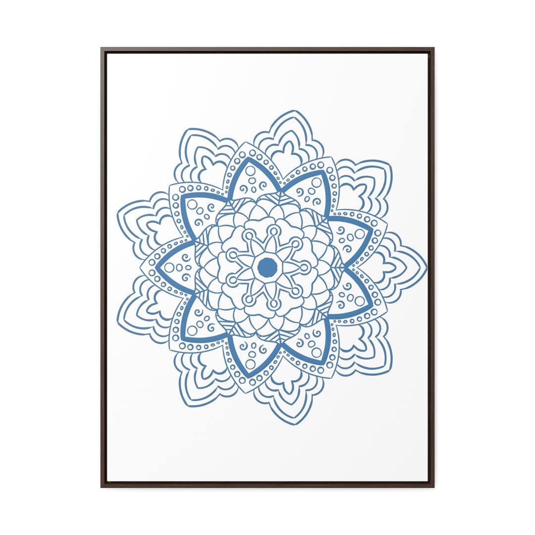 A stunning and intricate Mandala Handmade Art piece in Steel Blue, displayed on gallery canvas wraps in a vertical frame, perfect for adding a touch of elegance to any space