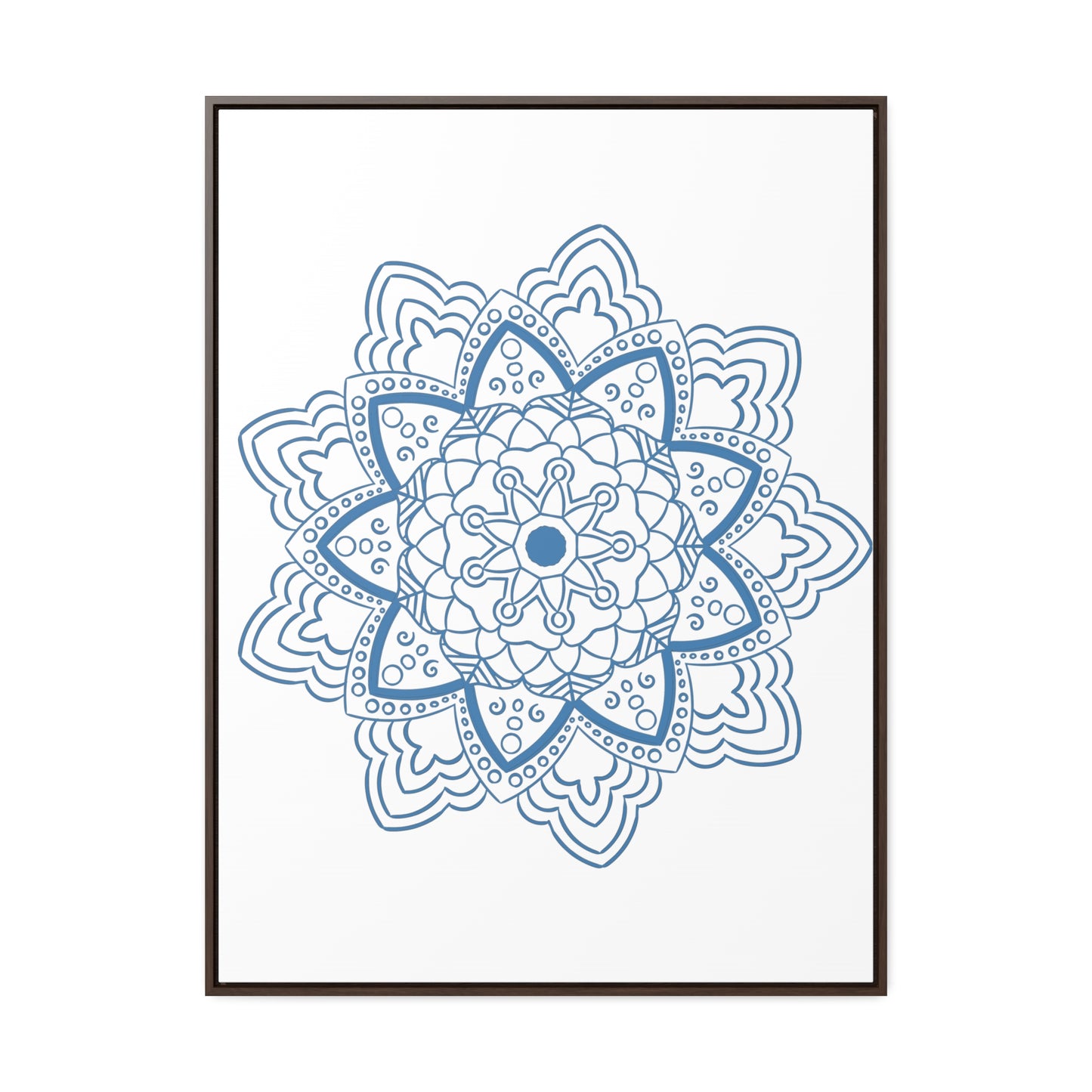 A stunning and intricate Mandala Handmade Art piece in Steel Blue, displayed on gallery canvas wraps in a vertical frame, perfect for adding a touch of elegance to any space