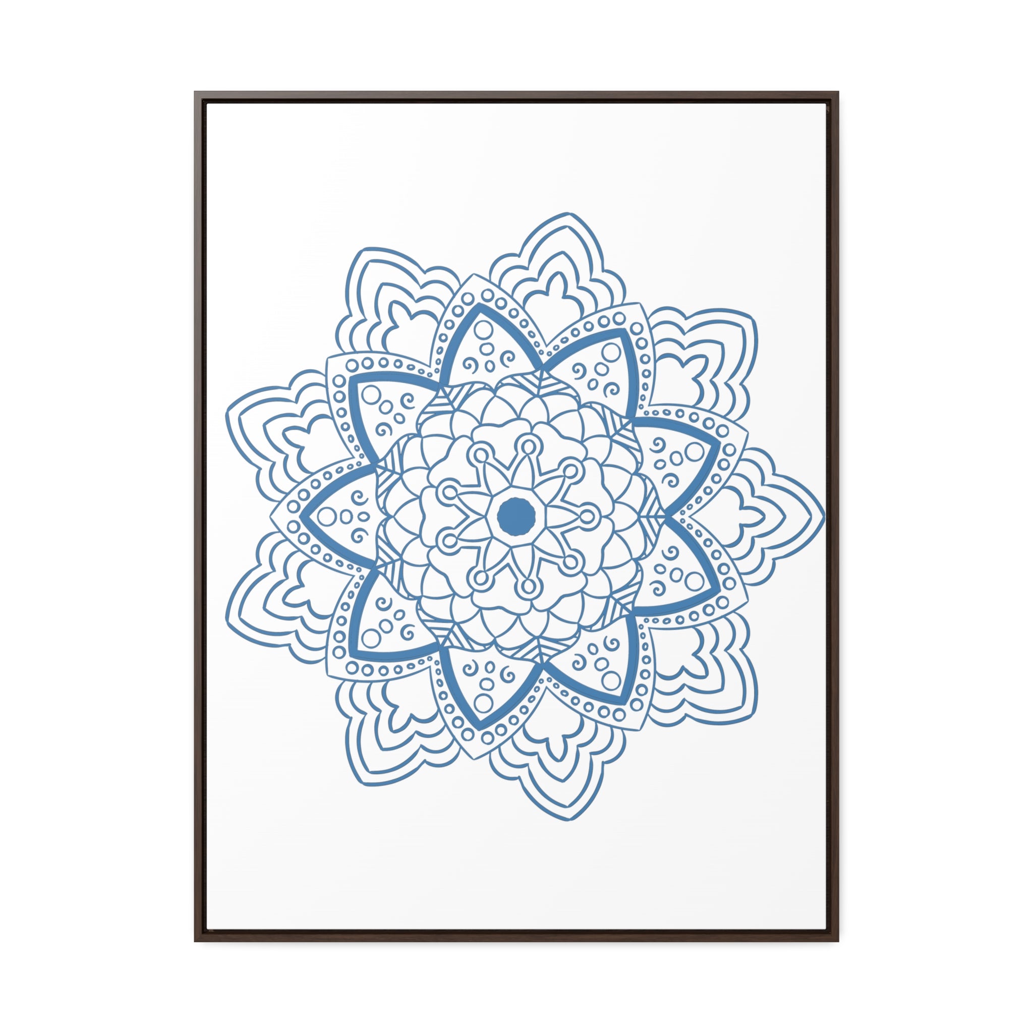 A stunning and intricate Mandala Handmade Art piece in Steel Blue, displayed on gallery canvas wraps in a vertical frame, perfect for adding a touch of elegance to any space