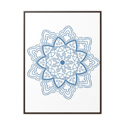 A stunning and intricate Mandala Handmade Art piece in Steel Blue, displayed on gallery canvas wraps in a vertical frame, perfect for adding a touch of elegance to any space