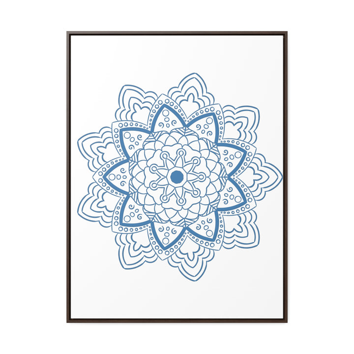 A stunning and intricate Mandala Handmade Art piece in Steel Blue, displayed on gallery canvas wraps in a vertical frame, perfect for adding a touch of elegance to any space