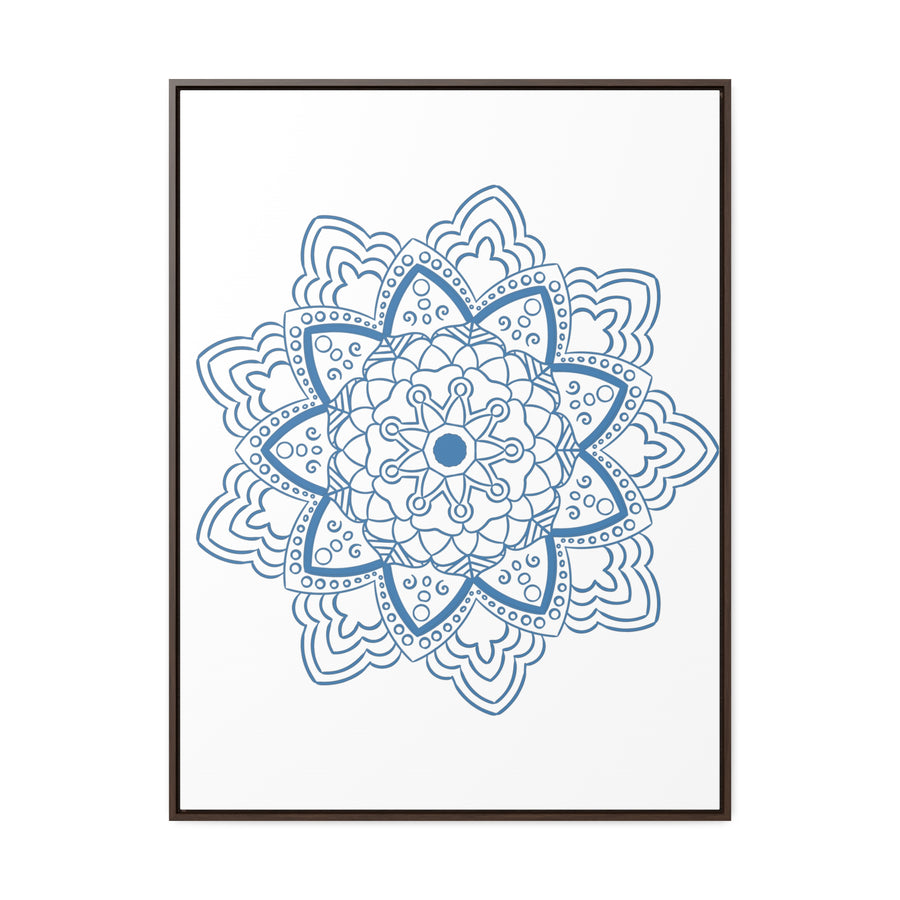 A stunning and intricate Mandala Handmade Art piece in Steel Blue, displayed on gallery canvas wraps in a vertical frame, perfect for adding a touch of elegance to any space