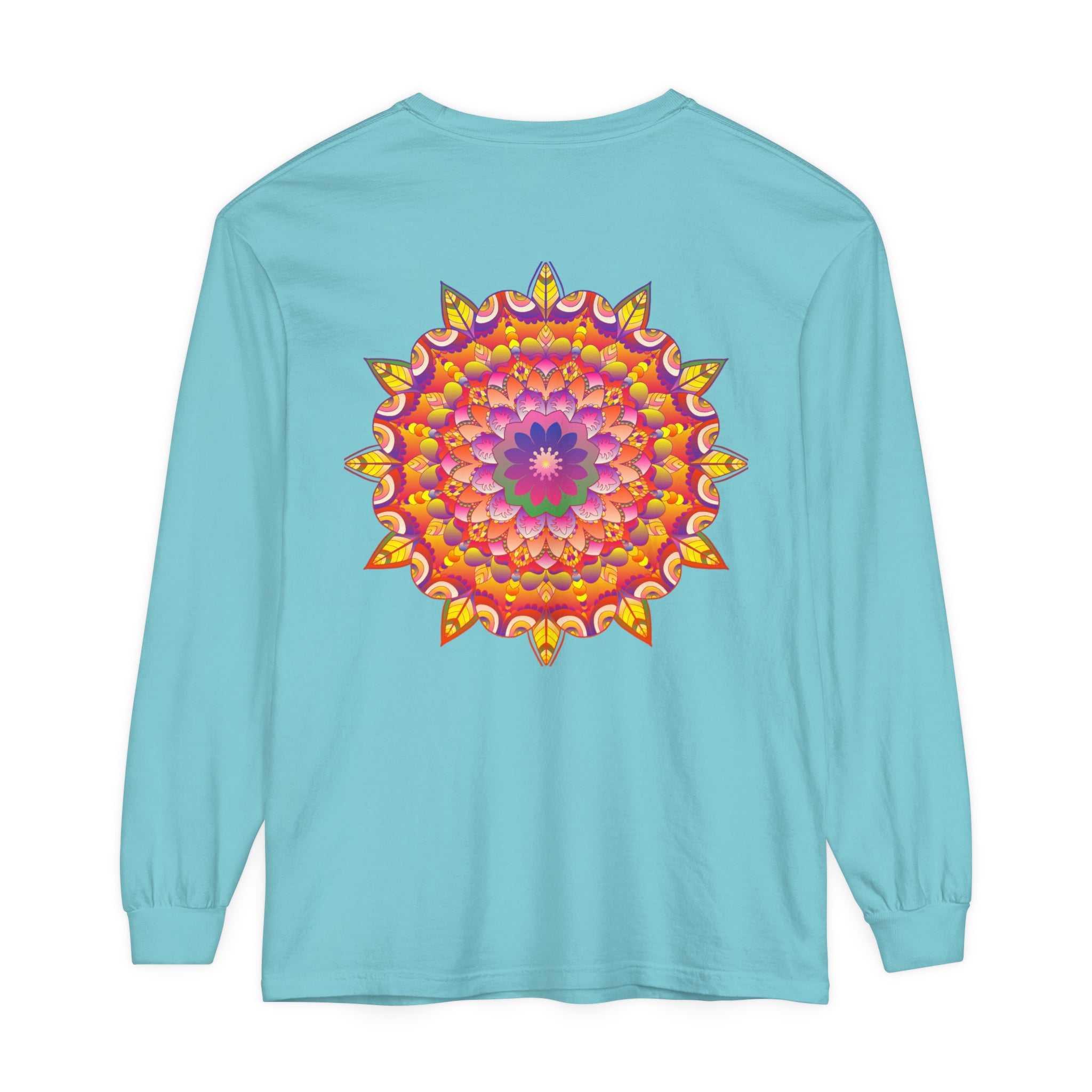 Colorful and intricate mandala design featured on a unisex long sleeve t-shirt