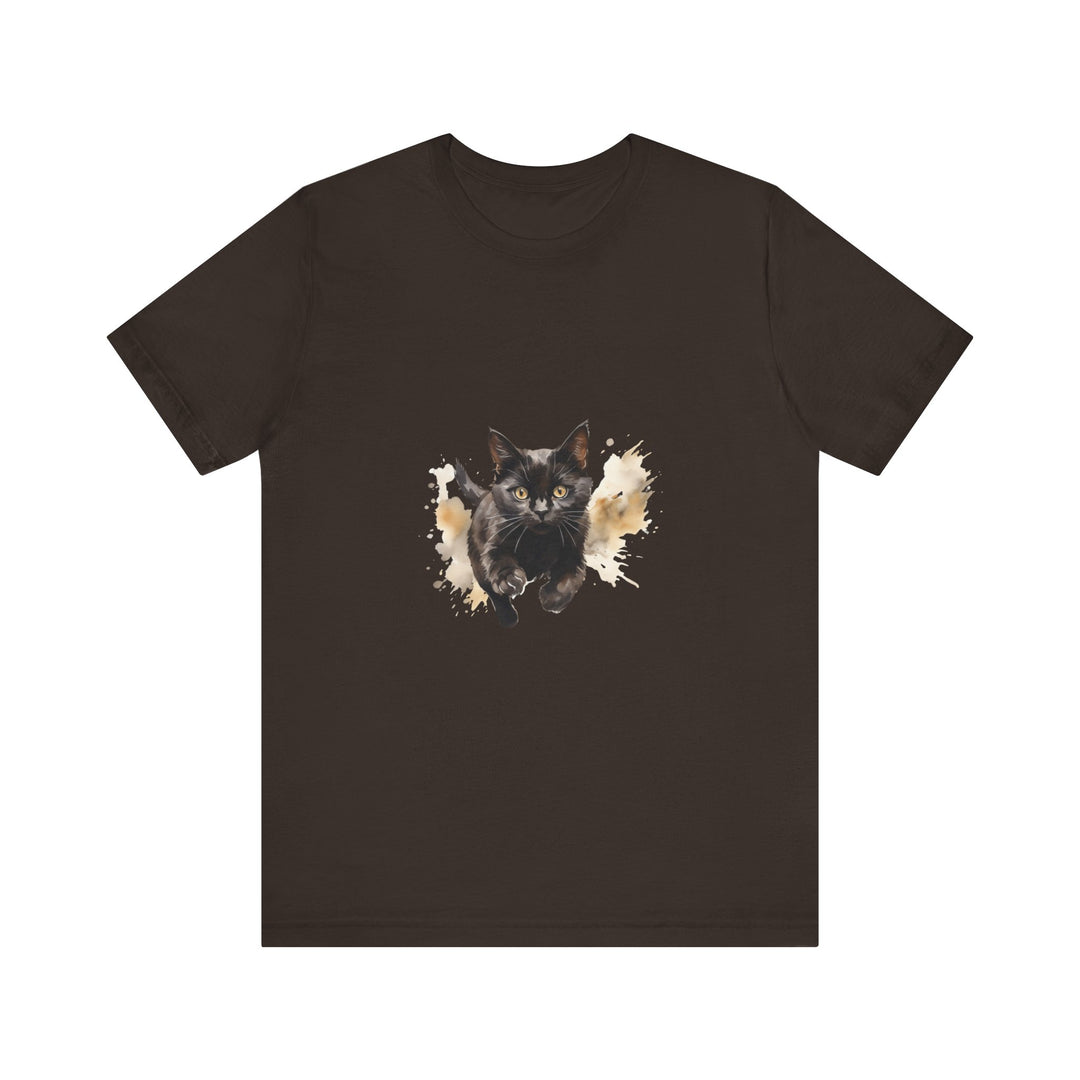 Black Cat Watercolor Sprint T-Shirt, a stylish and unique t-shirt featuring a vibrant watercolor print of a black cat