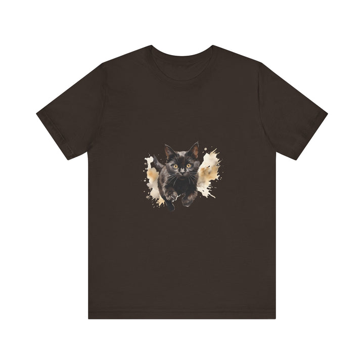 Black Cat Watercolor Sprint T-Shirt, a stylish and unique t-shirt featuring a vibrant watercolor print of a black cat