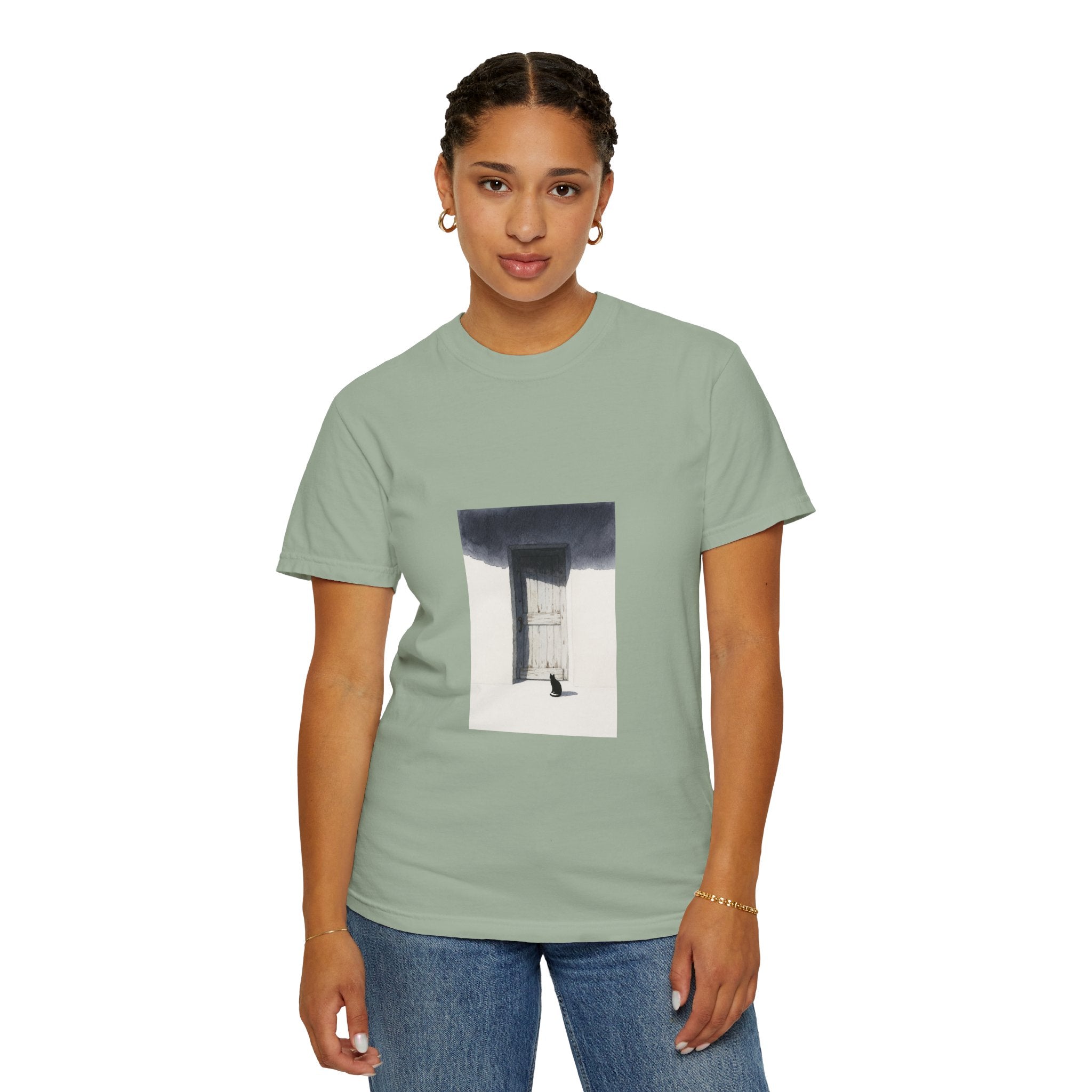 T-Shirt — Minimal Art Cat at Door Graphic Tee