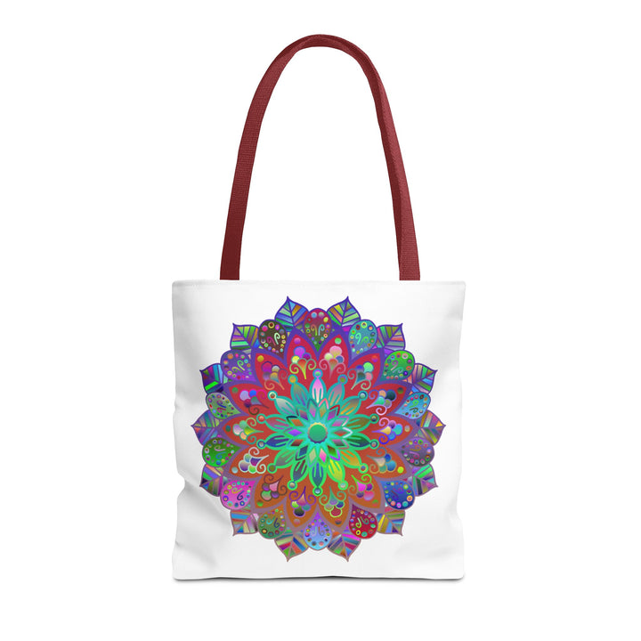 Vibrant and intricately designed mandala tote bag featuring a colorful all-over print