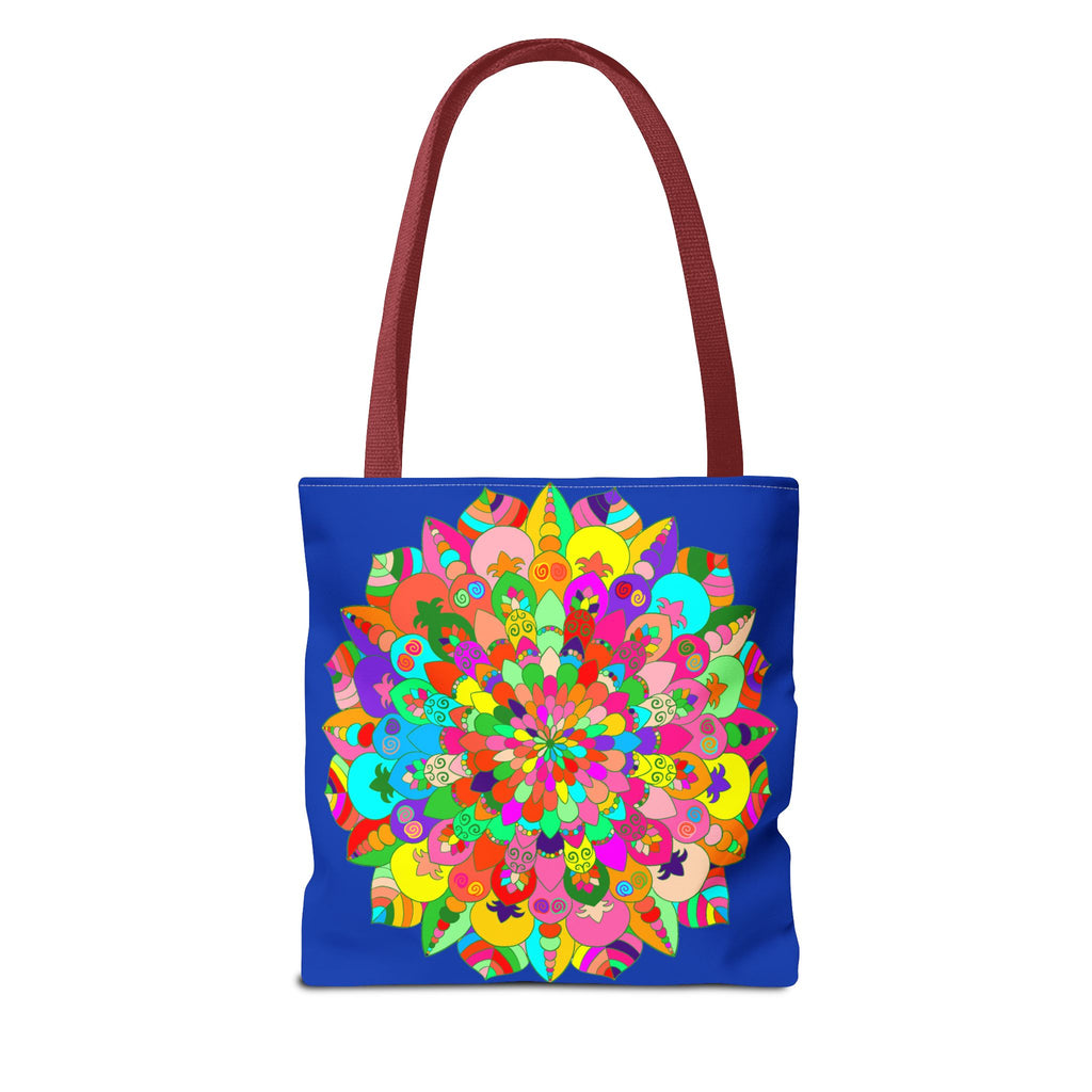 Dark blue tote bag with colorful mandala art design, perfect for carrying all your essentials in style