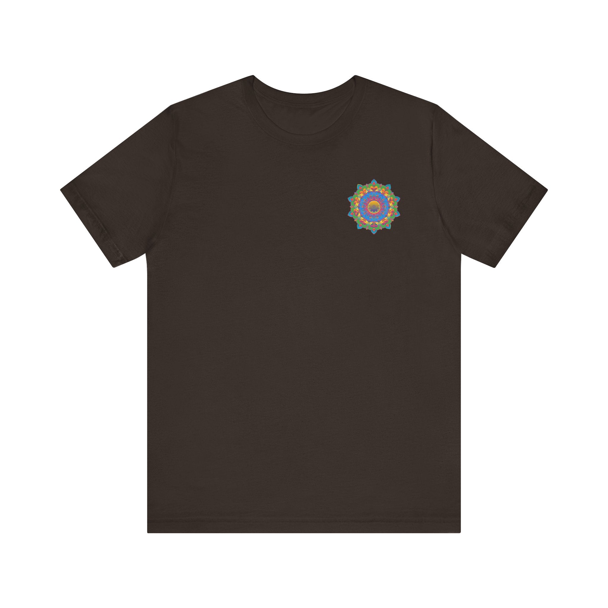 A colorful and intricate mandala tee featuring vibrant designs for spiritual peace and harmony