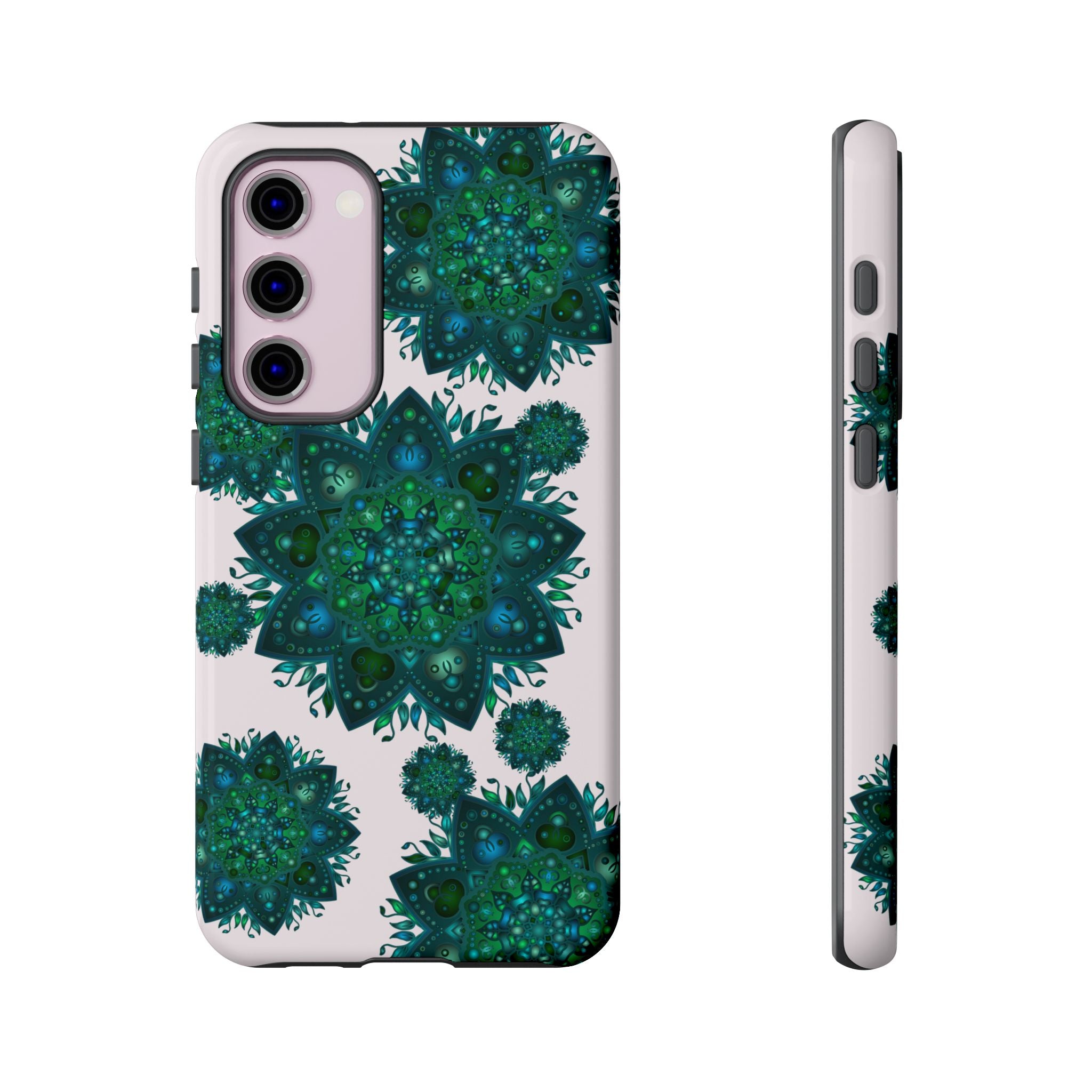 A beautiful light pink and green mandala phone case with a peaceful and intricate design