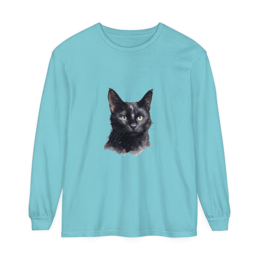 Watercolor black cat design on a unisex long sleeve t-shirt