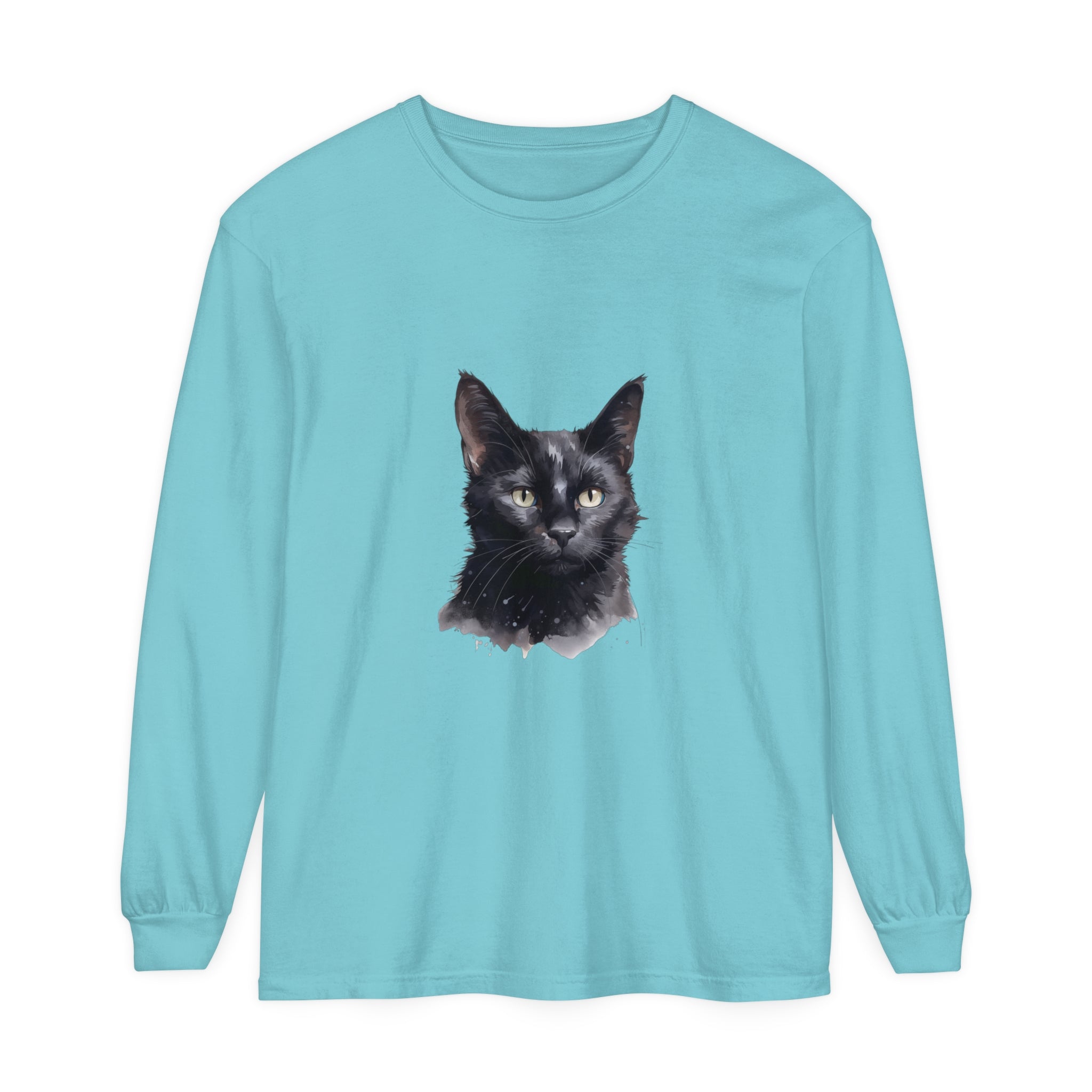 Watercolor black cat design on a unisex long sleeve t-shirt