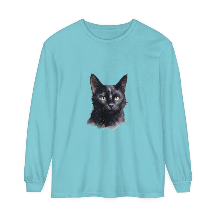 Watercolor black cat design on a unisex long sleeve t-shirt