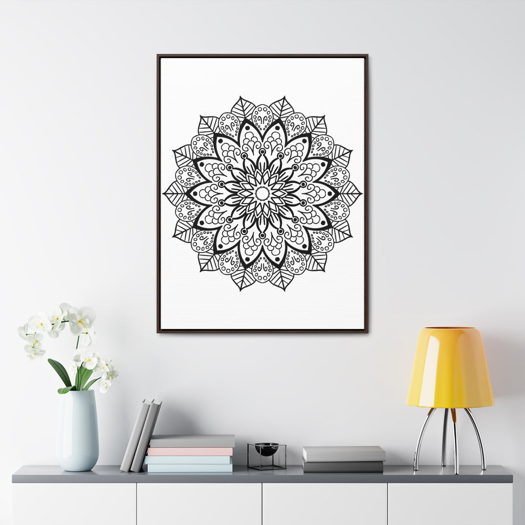 Handmade black and white mandala art on gallery canvas wraps, displayed in a vertical frame