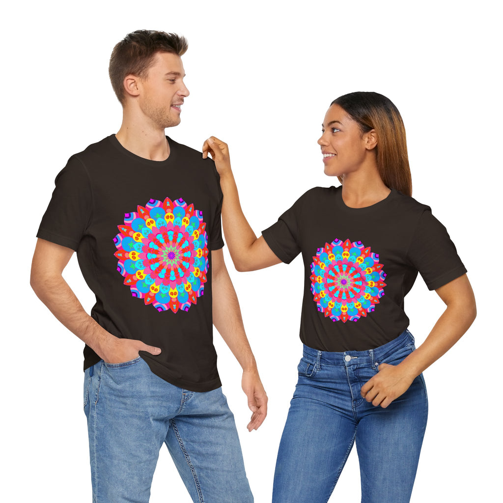 Colorful mandala t-shirt with intricate psychedelic art design in vibrant hues