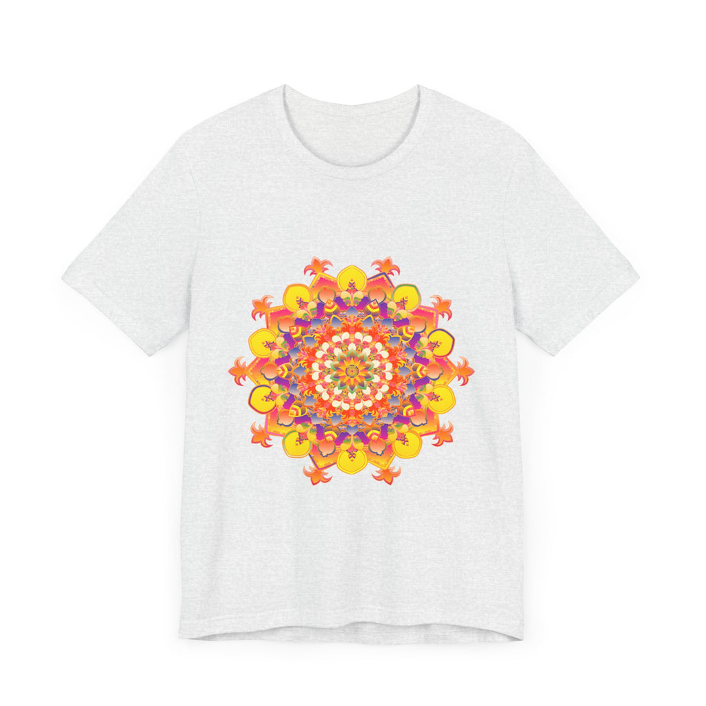 A close-up image of a vibrant mandala tee featuring a colorful and intricate design with a mix of floral and geometric patterns in shades of red, blue, yellow, and green