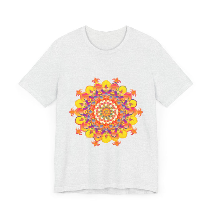 A close-up image of a vibrant mandala tee featuring a colorful and intricate design with a mix of floral and geometric patterns in shades of red, blue, yellow, and green