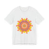 A close-up image of a vibrant mandala tee featuring a colorful and intricate design with a mix of floral and geometric patterns in shades of red, blue, yellow, and green