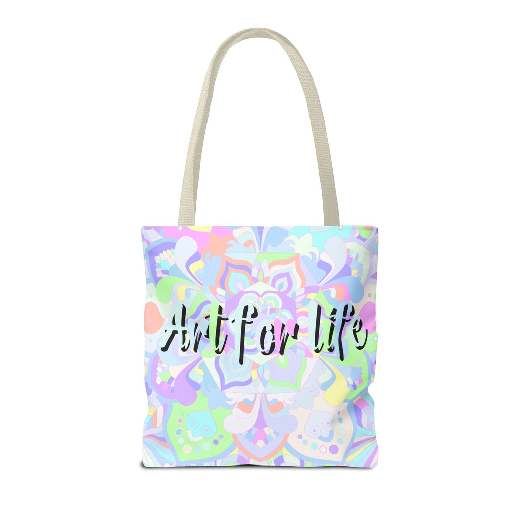 Colorful mandala tote bag featuring a vibrant 'Art for Life' quote, perfect for carrying your essentials in style