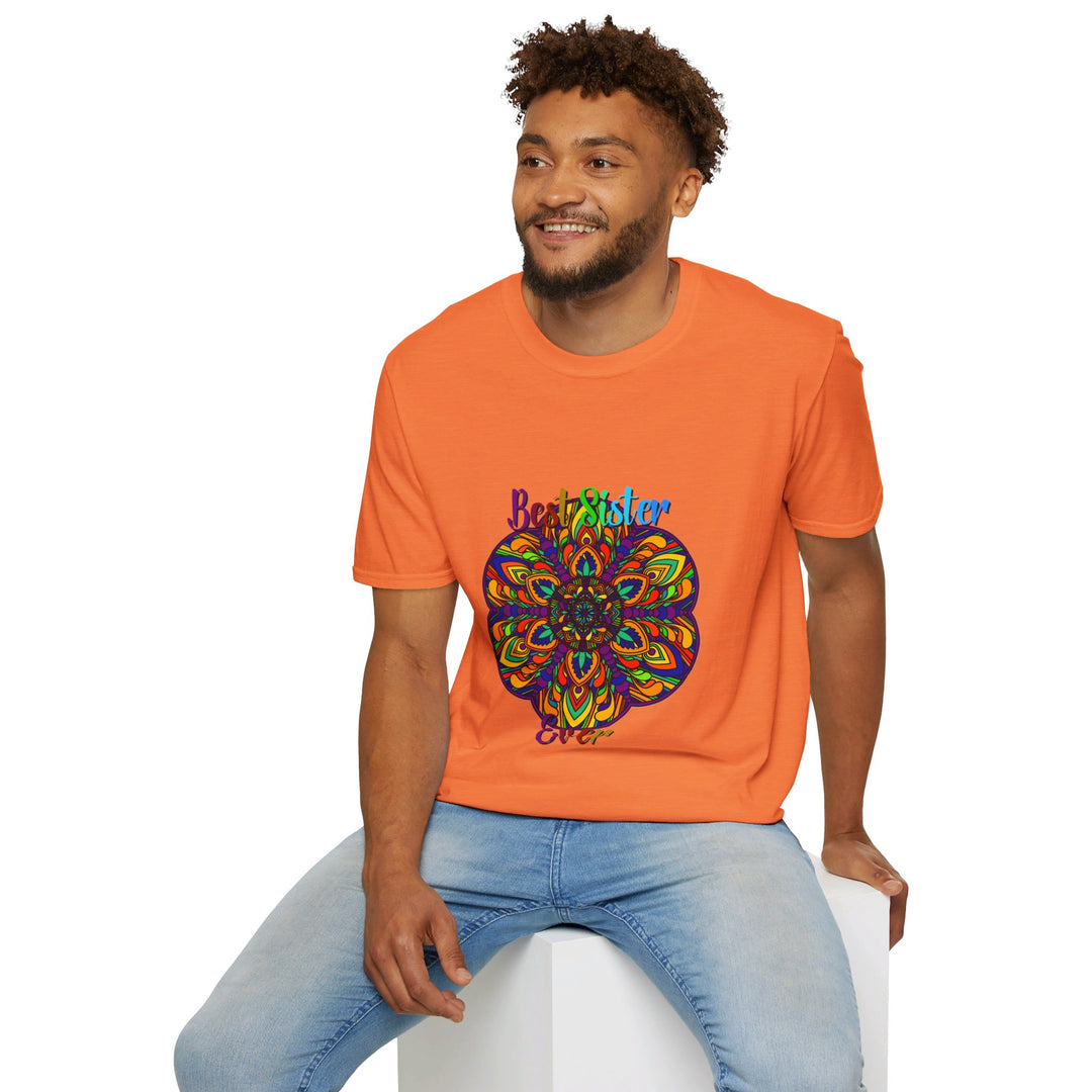 Softstyle unisex t-shirt featuring a hand-drawn mandala art design, perfect as a gift for a sister