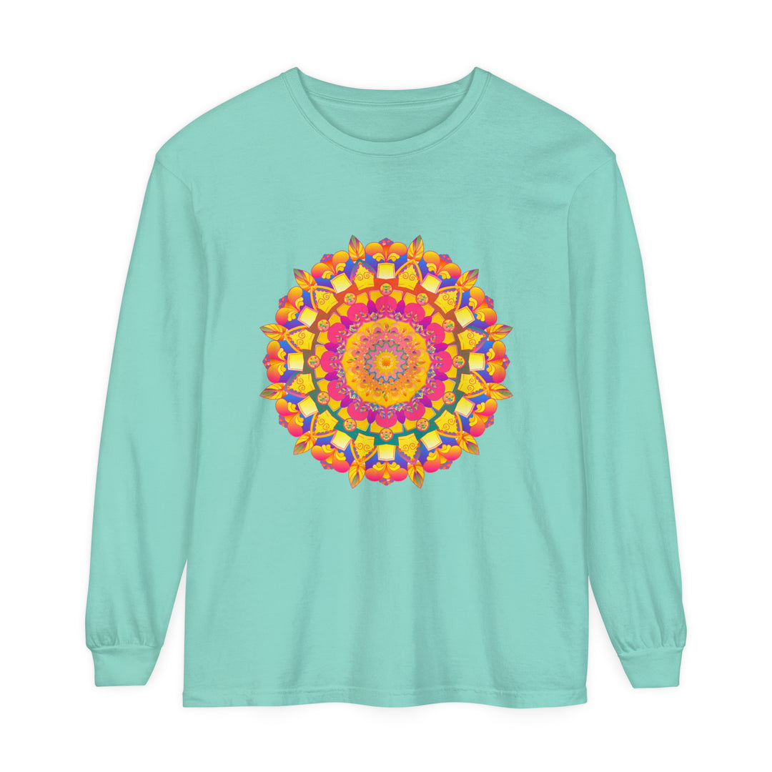 Vibrant and intricate long sleeve t-shirt featuring a colorful mandala psychedelic art design