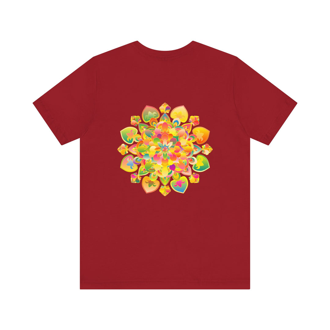 A close-up image of a vibrant mandala tee, featuring intricate and colorful spiritual designs symbolizing peace and harmony