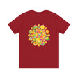 A close-up image of a vibrant mandala tee, featuring intricate and colorful spiritual designs symbolizing peace and harmony