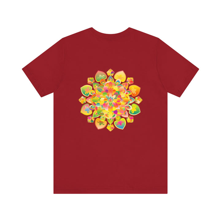 A close-up image of a vibrant mandala tee, featuring intricate and colorful spiritual designs symbolizing peace and harmony