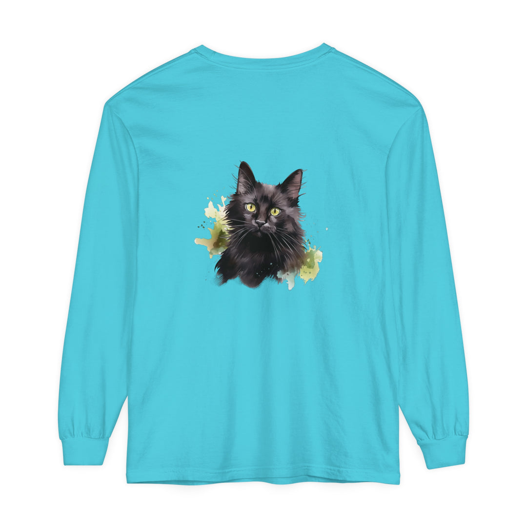 Black Cat Watercolor Splash Long Sleeve T-Shirt featuring a vibrant cat design