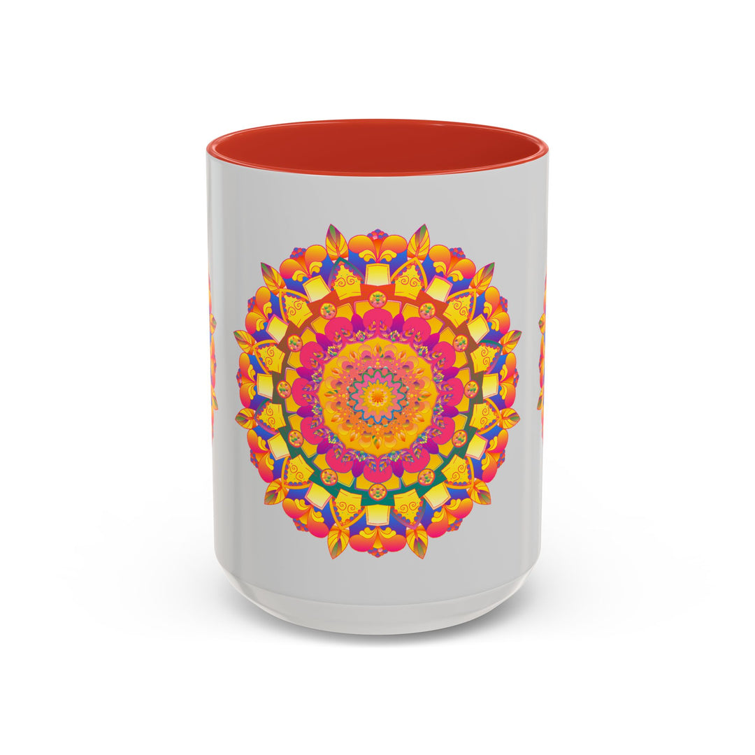 Mandala Art Mug with Vibrant Colors on Grey Background