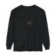 A cozy and stylish unisex long sleeve t-shirt featuring a sleeping black cat design