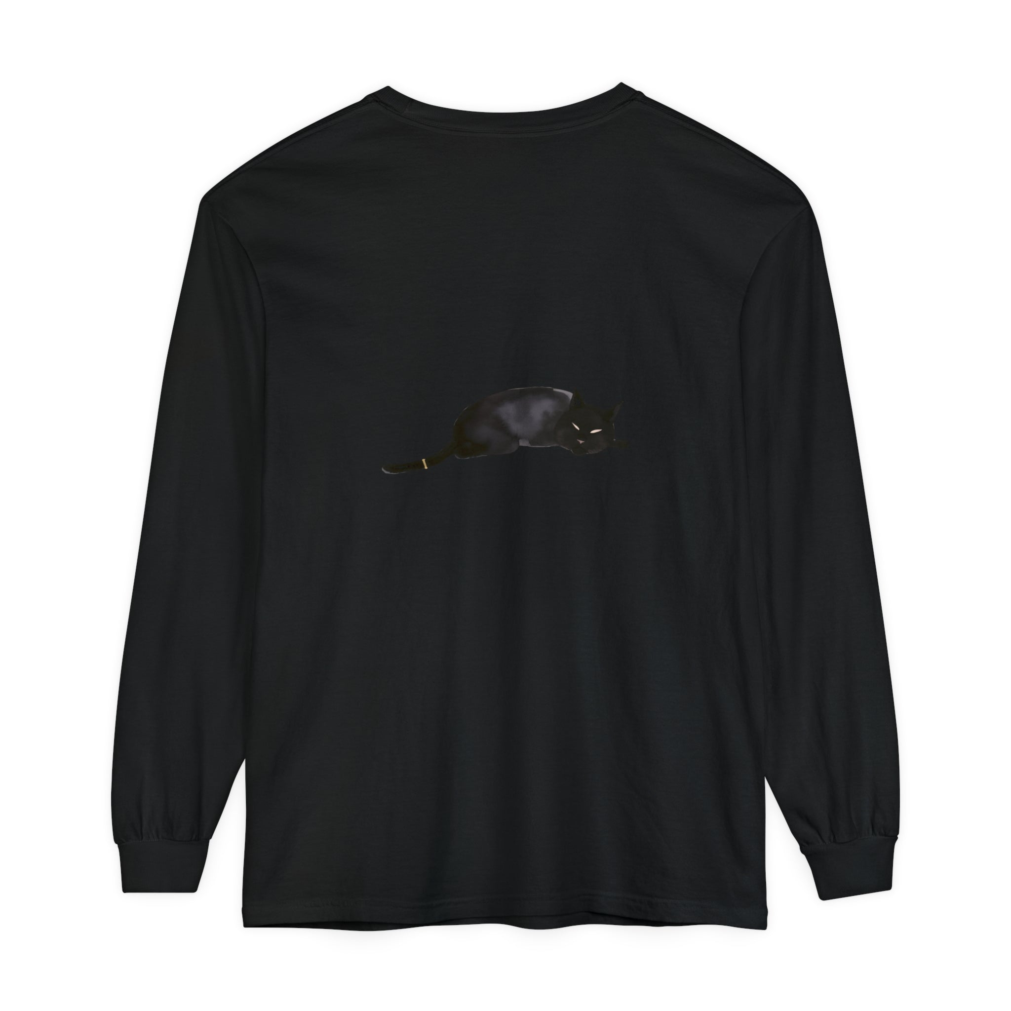 A cozy and stylish unisex long sleeve t-shirt featuring a sleeping black cat design