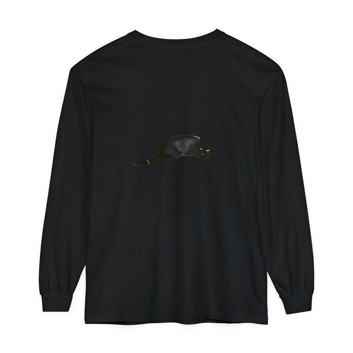 A cozy and stylish unisex long sleeve t-shirt featuring a sleeping black cat design