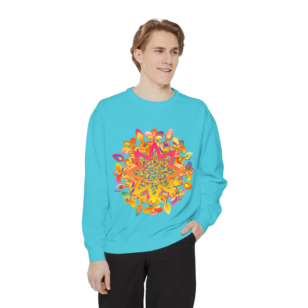 Colorful mandala sweatshirt featuring intricate design and vibrant, eye-catching hues