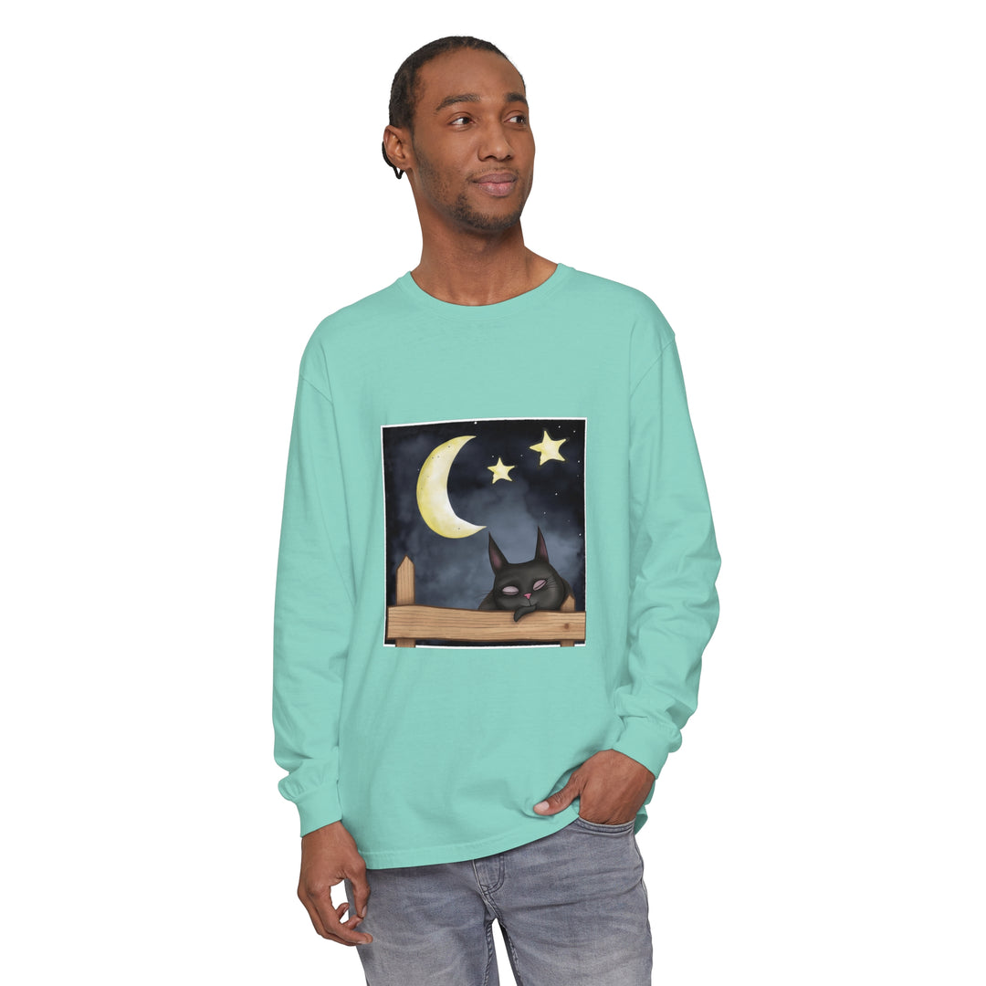 Sleepy Cat Night Sky T-Shirt featuring a cute cat sleeping under the starry night sky design