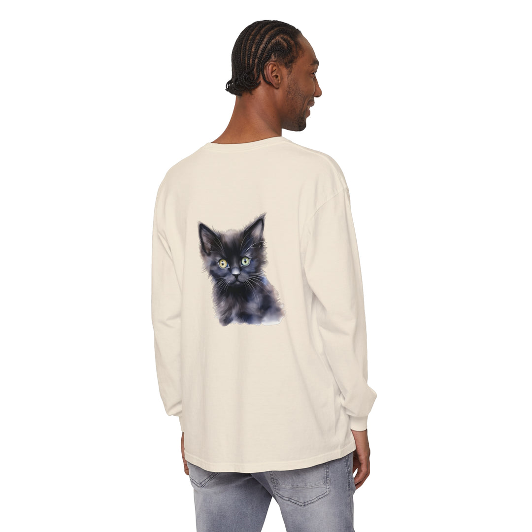 A graphic of a mystical kitten surrounded by stars on a unisex long sleeve t-shirt