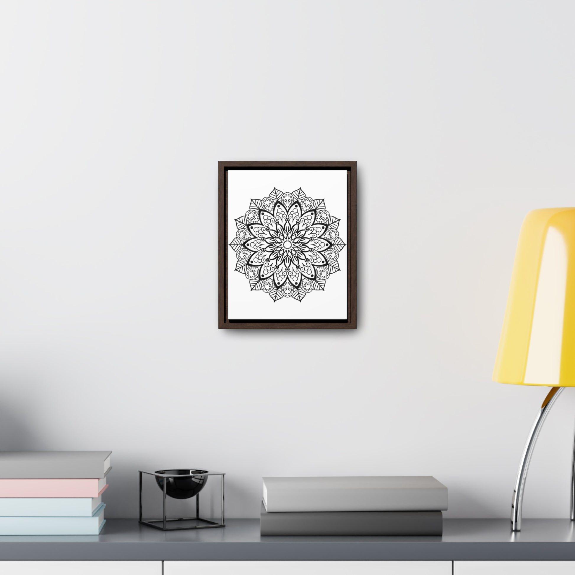 Handmade black and white mandala art on gallery canvas wraps, displayed in a vertical frame