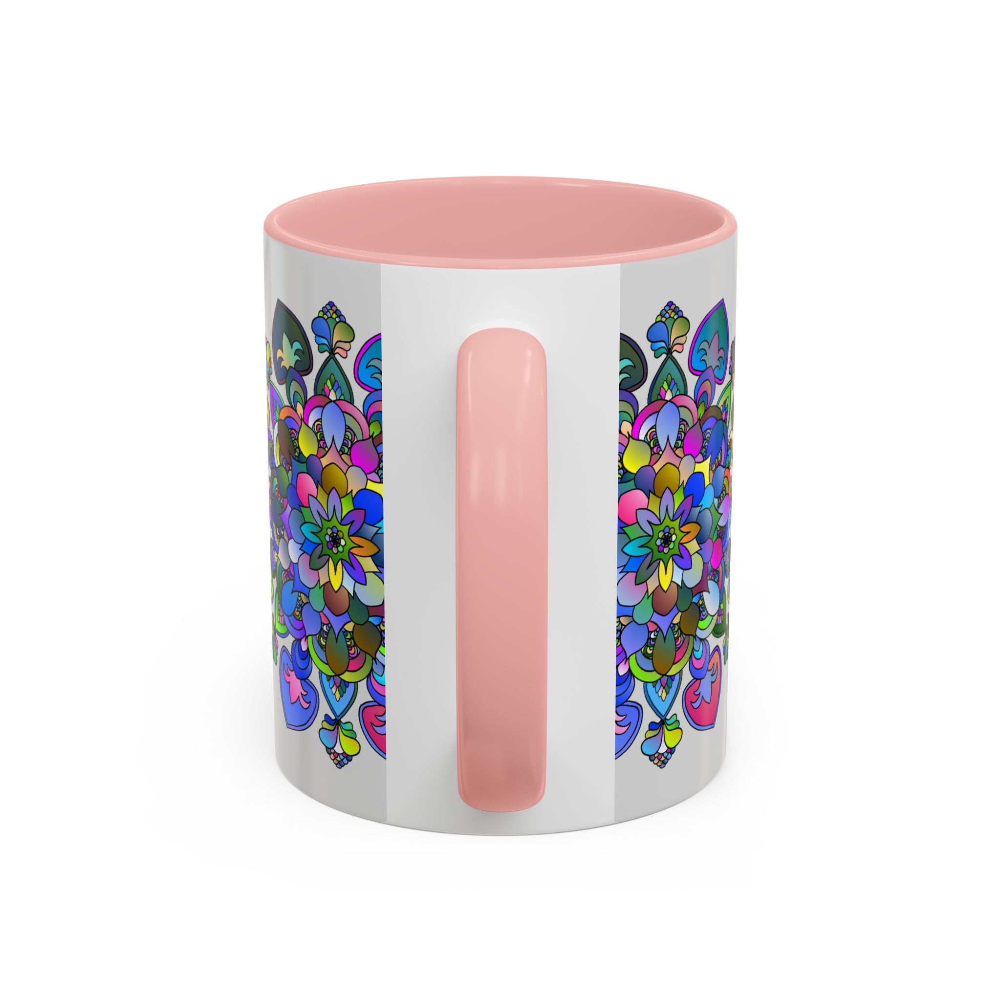 Beautiful floral mandala art in vibrant colors on a grey ceramic mug