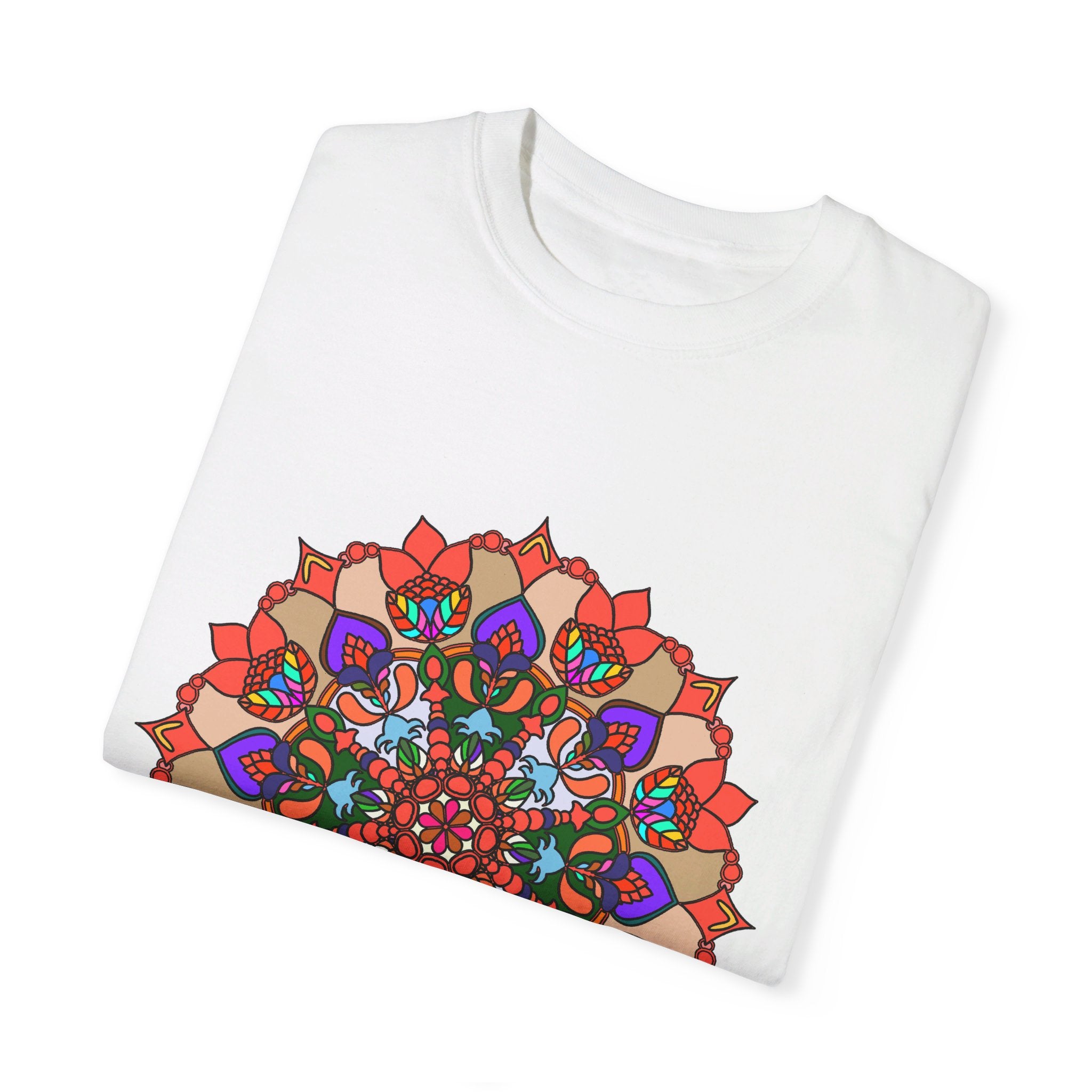 Unisex mandala t-shirt made of 100% ring-spun cotton, featuring hand-drawn mandala art and garment-dyed for extra comfort