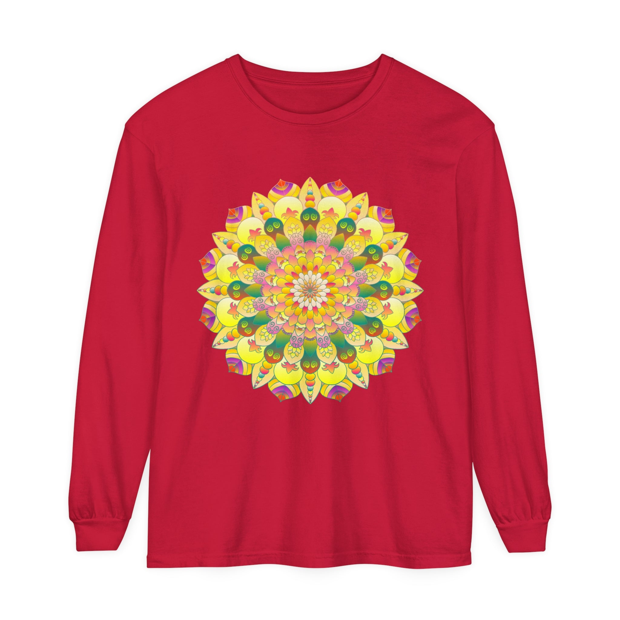 Colorful and intricate mandala design on a unisex long sleeve t-shirt