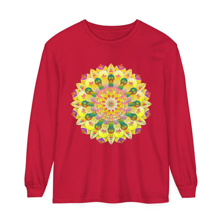 Colorful and intricate mandala design on a unisex long sleeve t-shirt