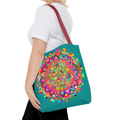 Vibrant aquamarine mandala art tote bag with intricate and colorful design