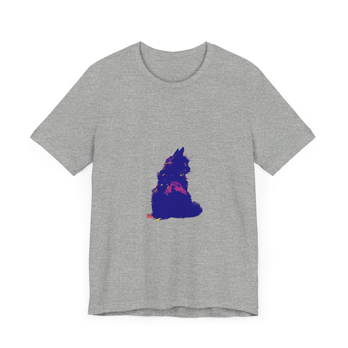 A vibrant and playful t-shirt featuring a mysterious black cat design