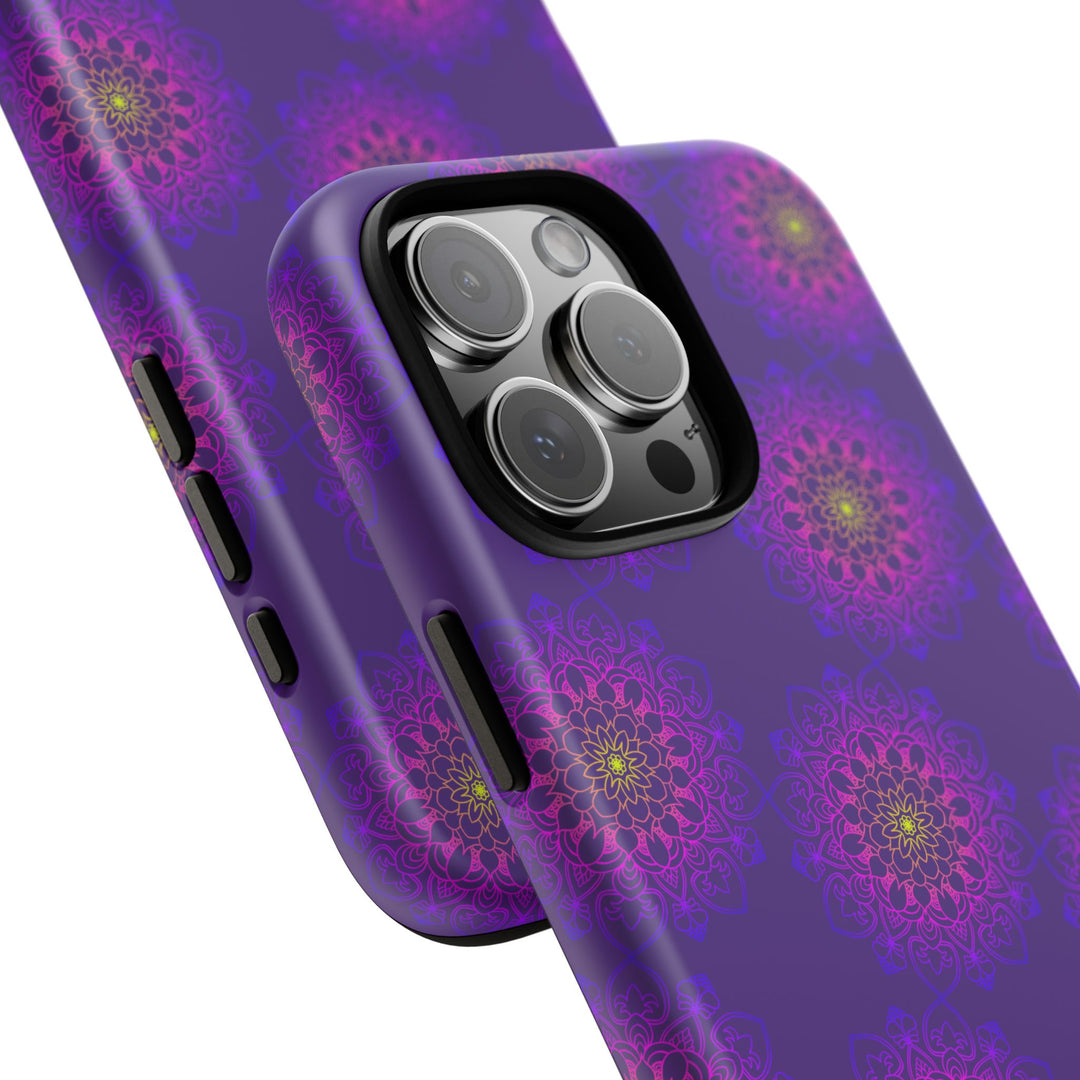 Intricate Purple Floral iPhone Case with Bold Mandala Design