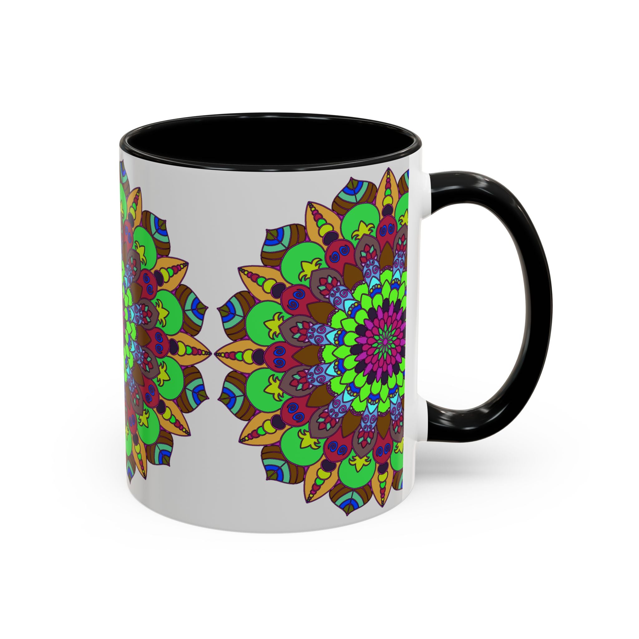 Beautiful and colorful mandala art mug with a vibrant floral pattern