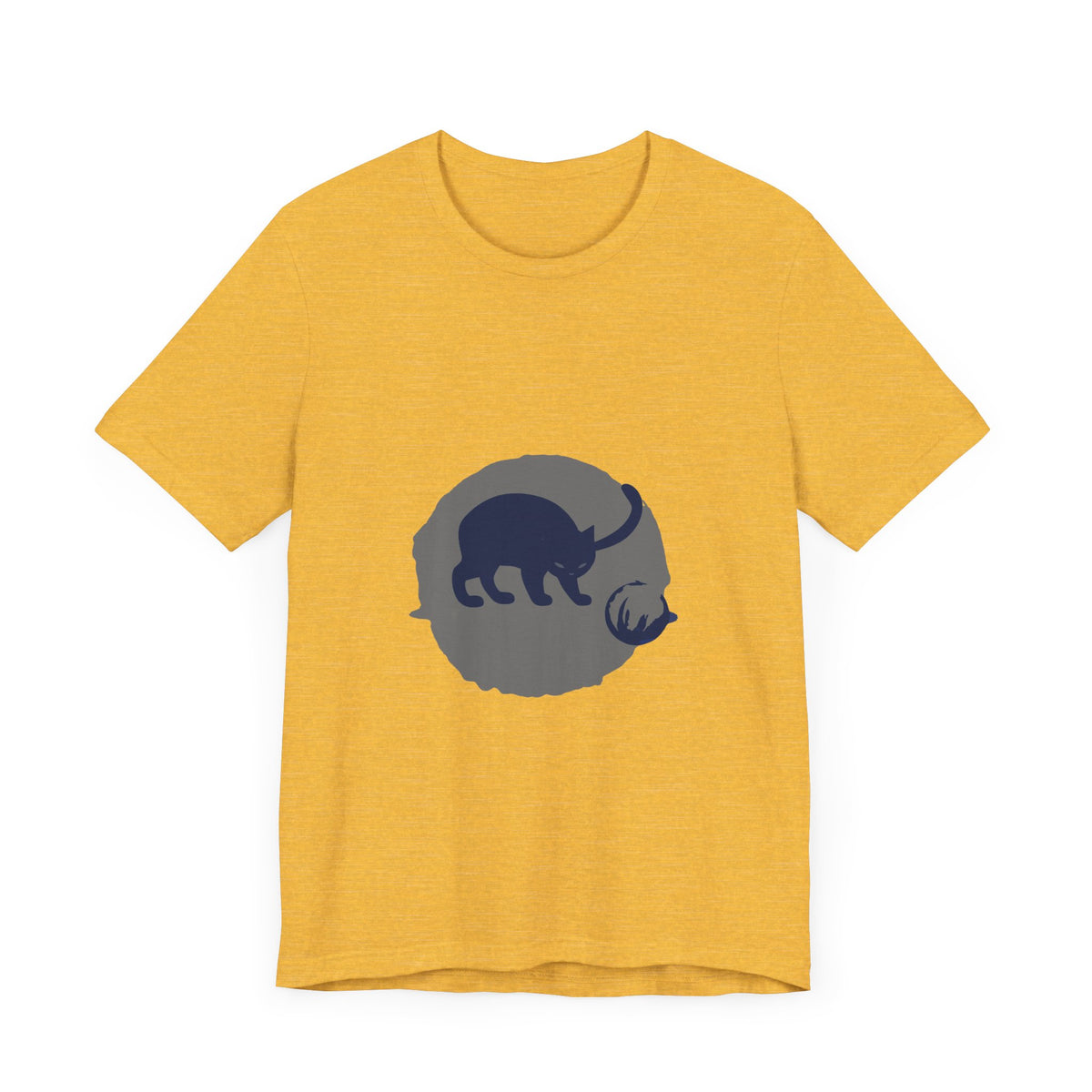 A black cat with bright green eyes, sitting in a playful silhouette against a full moon on a black mystery t-shirt