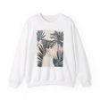 A cozy and stylish unisex heavy blend crewneck sweatshirt featuring a cute cat lounging under palm trees
