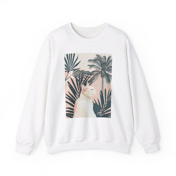 A cozy and stylish unisex heavy blend crewneck sweatshirt featuring a cute cat lounging under palm trees