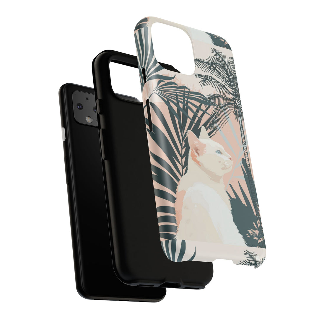 Tropische Katzen-Telefonhülle mit üppigen Palmenmotiven und sanften Pastelltönen